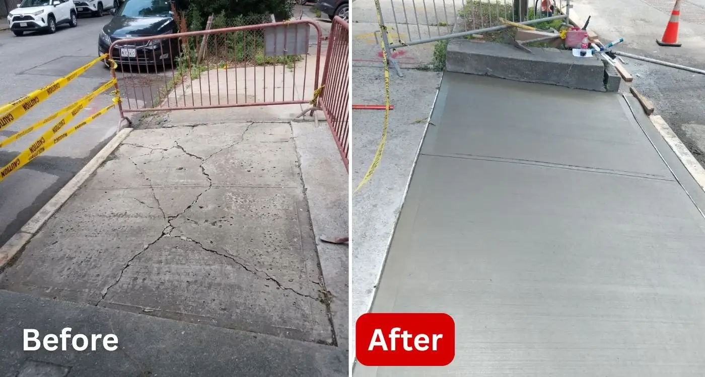 before and after view of cracked sidewalk slabs replaced with smooth new concrete