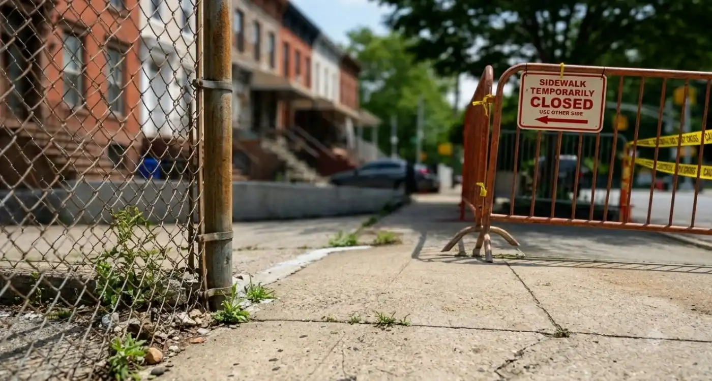 temporary sidewalk closure and safety barriers during concrete repair work in the Bronx
