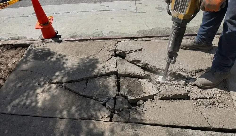 crew removing cracked sidewalk concrete in east village nyc