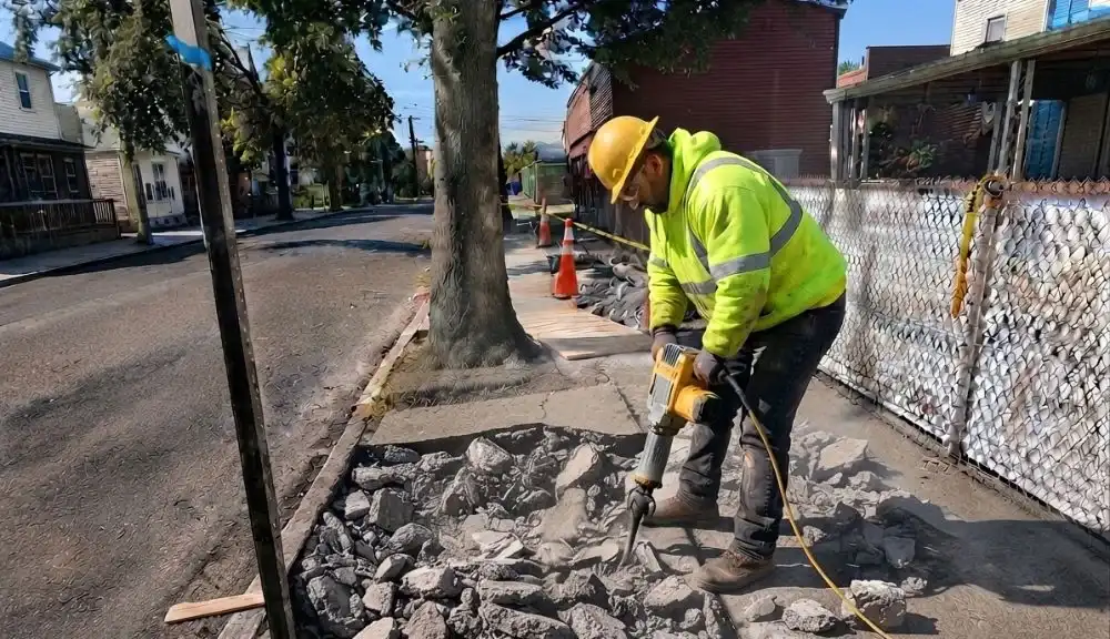 worker finishing newly poured concrete during a tree root damaged sidewalk restoration in the bronx