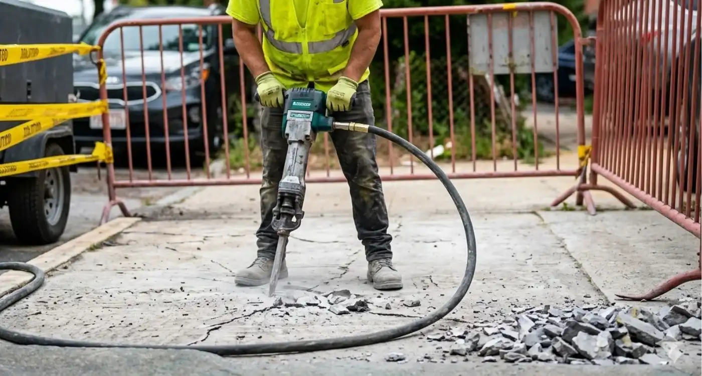 sidewalk contractor breaking damaged concrete slabs before replacement work