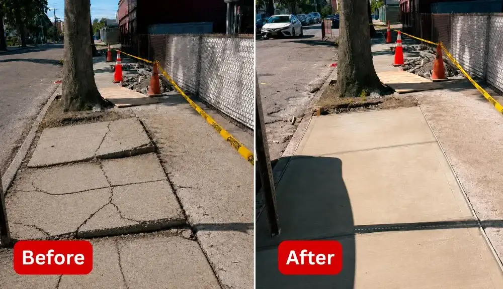 before and after view of a tree root damaged sidewalk repaired in morris park Bronx